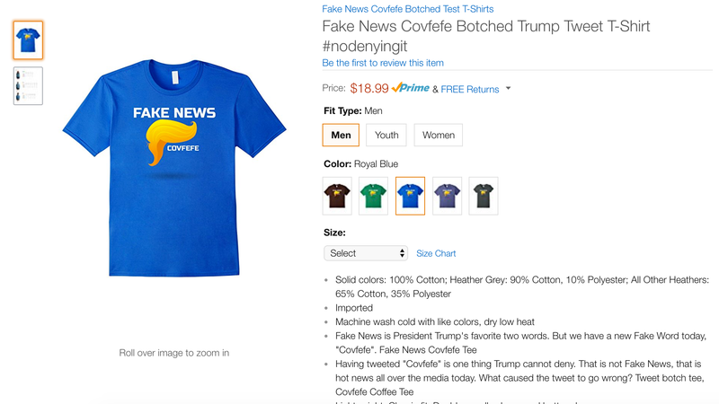 Illustration for article titled Be the Saddest Guy in the Office With Amazon's Embarrassing 'Covfefe' Swag